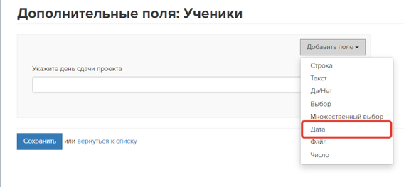 Дополнительное поле типа «Дата» Дополнительное поле типа «Дата»