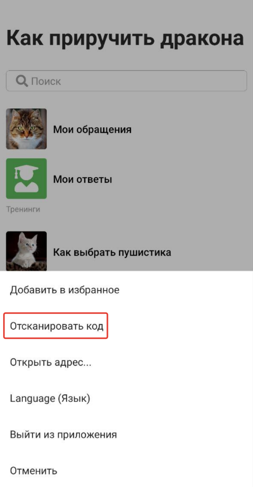 Выбор опции сканирования QR-кода Выбор опции сканирования QR-кода