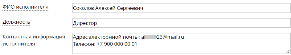 Информация об исполнителе (пример заполнения)