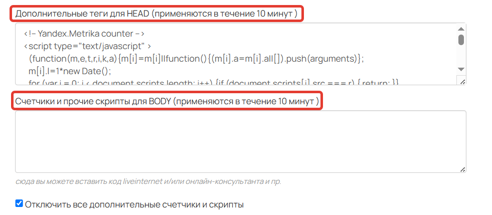Поля для дополнительных тегов и скриптов Поля для дополнительных тегов и скриптов