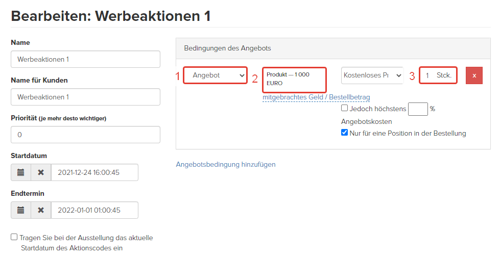 <p>Einrichten einer Aktion mit der Rabattart