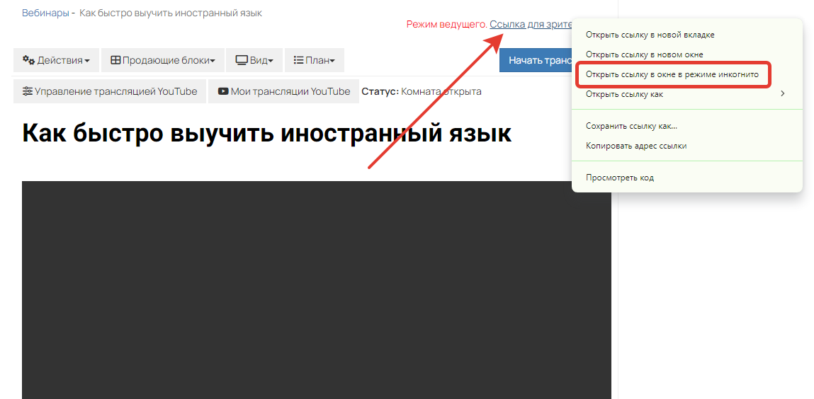 Ссылка для зрителей в режиме «Инкогнито» Ссылка для зрителей в режиме «Инкогнито»