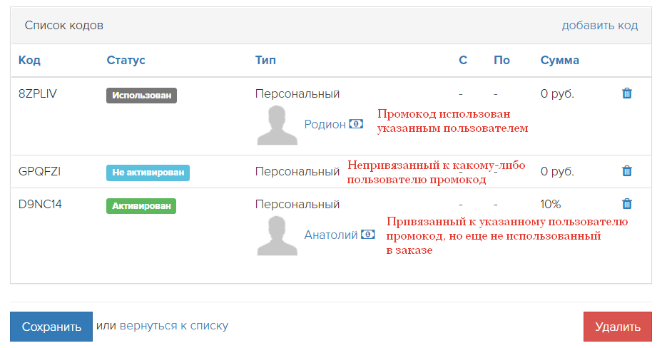 <p>Статусы персональных промокодов </p> <p>Статусы персональных промокодов </p>