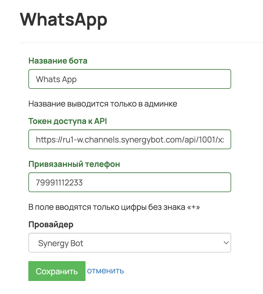 Параметры WhatsApp-бота Параметры WhatsApp-бота