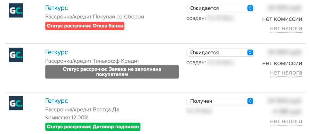 Статусы рассрочек Статусы рассрочек
