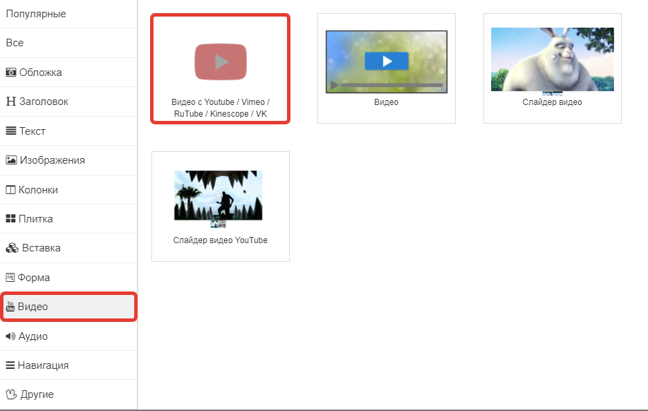 Блок «Видео с Youtube/Vimeo/RuTube/Kinescope/VK»