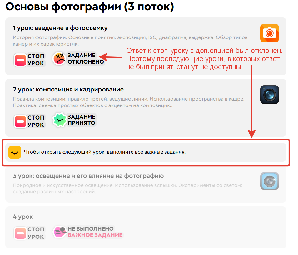 <p>После отклонения ответа уроки вновь недоступны</p>
<p>После отклонения ответа уроки вновь недоступны</p>
