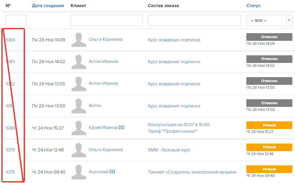 Номер заказа клиента — это не то же самое, что номер заказа в общем списке заказов