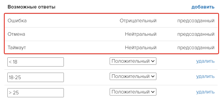 Варианты ответов по умолчанию в блоке процесса Варианты ответов по умолчанию в блоке процесса