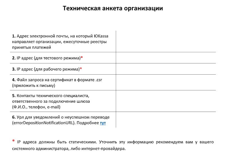 Техническая анкета организации Техническая анкета организации