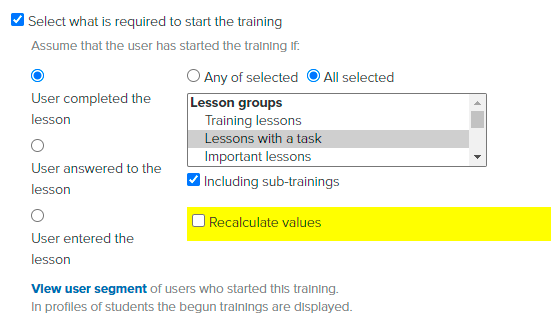 <p>Finish of the training is considered the completion of all lessons containing tasks in the training and all subtrainings</p> <p>Finish of the training is considered the completion of all lessons containing tasks in the training and all subtrainings</p>