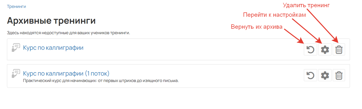 Действия с архивным тренингом