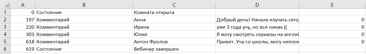 Комментарии, выгруженные в формате сценария