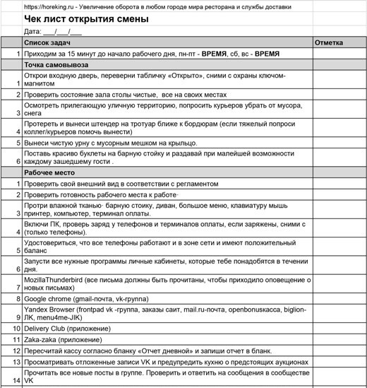 Чек лист кассира для общепита образец