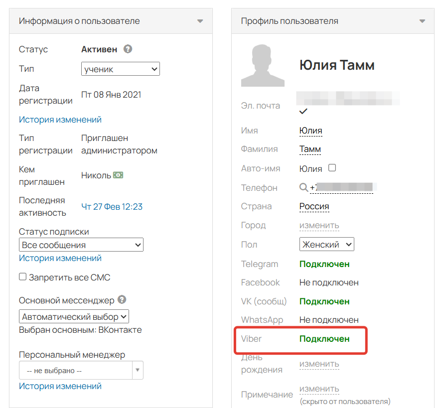 
		<p>Viber, подключенный к профилю пользователя</p>	