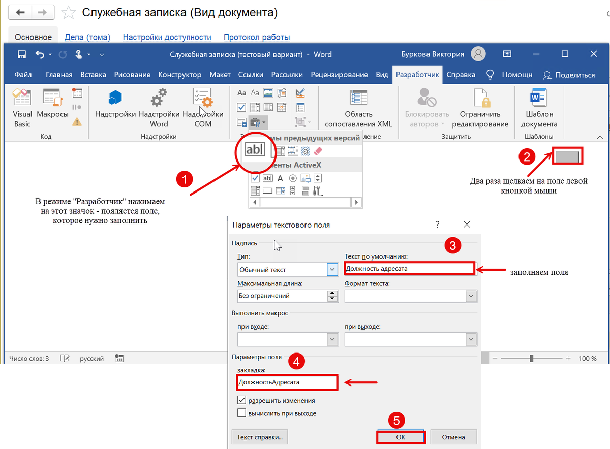 Добавление поля через вкладку «Разработчик» и настройка его свойств.
