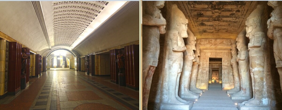 Колоннада скульптур в древнеегипетском храме Рамзеса и на станции Бауманская.