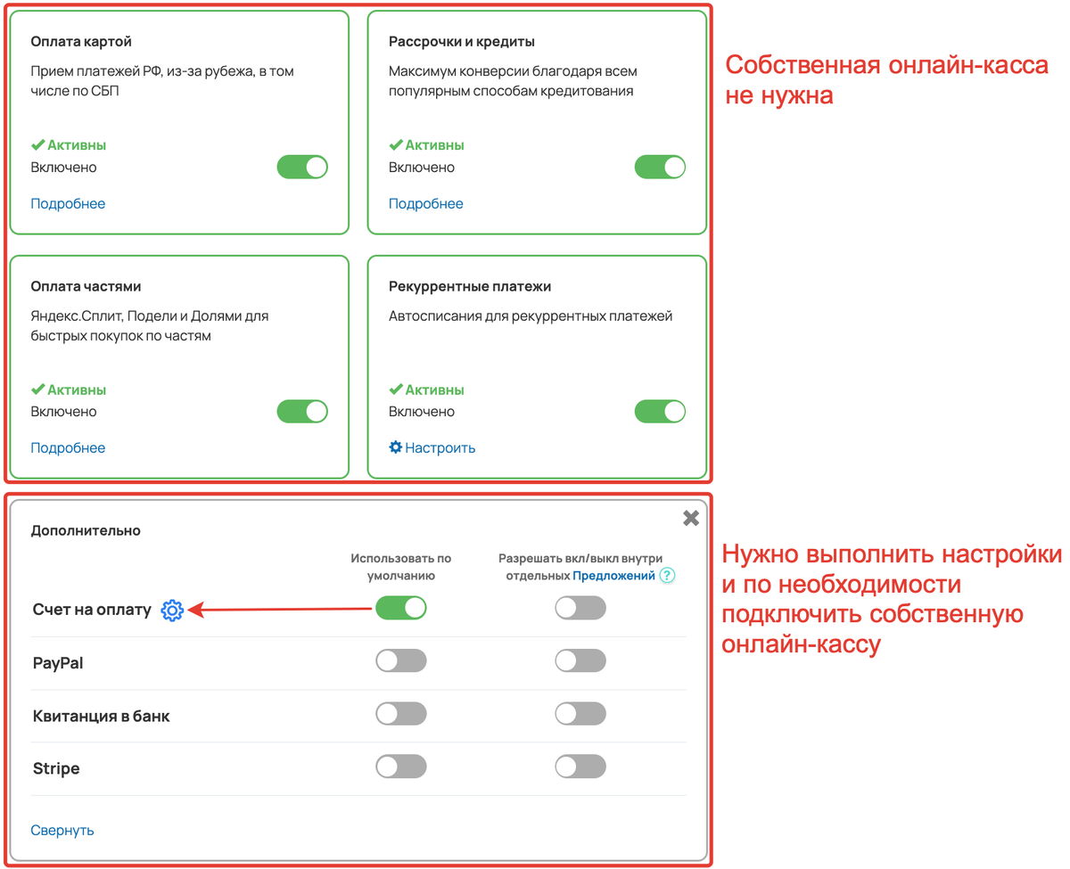 <p>Подключение онлайн-кассы в зависимости от способа оплаты	</p>