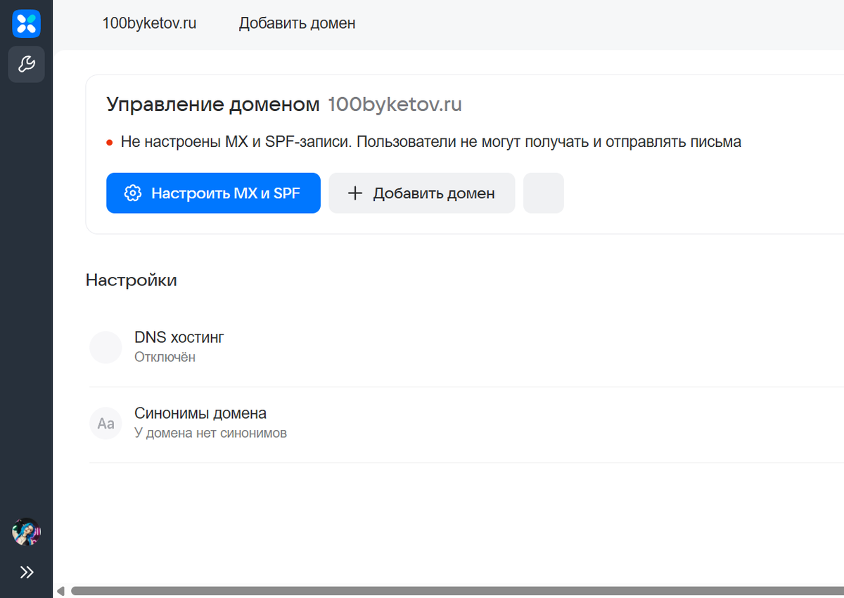 Страница управления доменом
