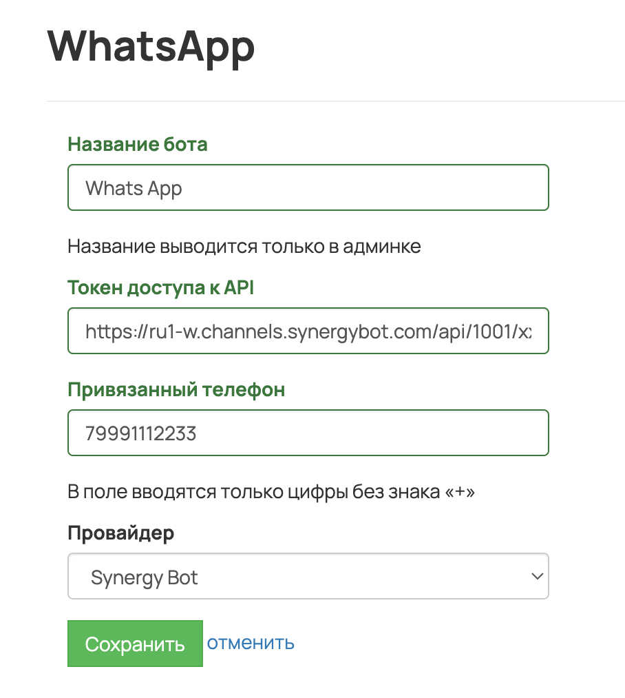 Параметры WhatsApp-бота