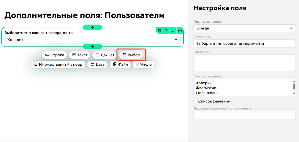 Дополнительное поле типа «Выбор»