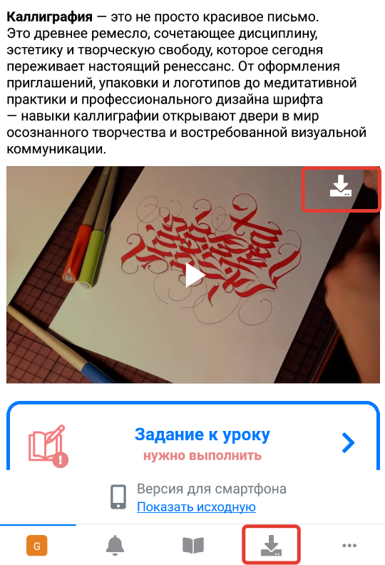 		<p>Возможность скачать видеоурок и просмотреть его в отдельном разделе приложения</p>	