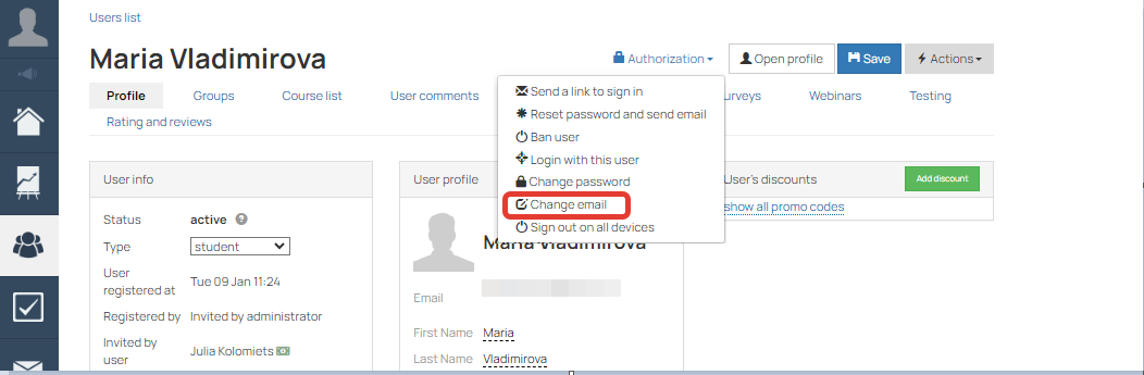 <p>
		
		</p><h4>Change email in user's profile</h4>		