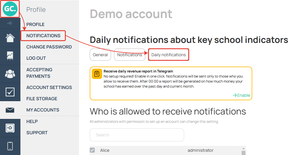 <p>Section «Profile» — «Notification» — «Daily notifications» tab	</p>