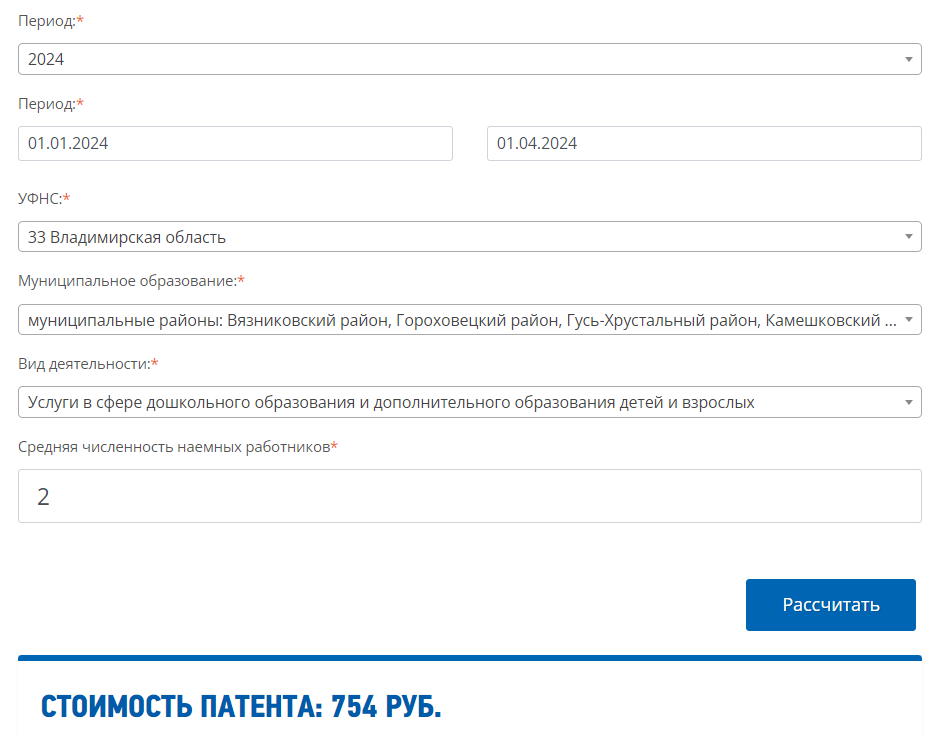 Стоимость патента для Владимирской области