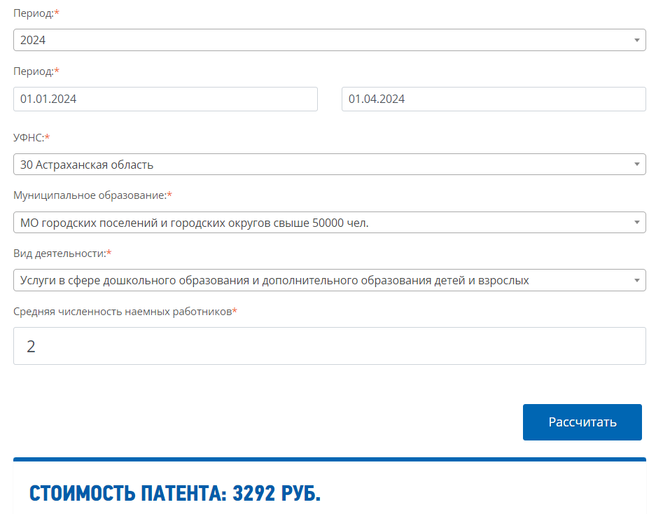 Стоимость патента для Астраханской области