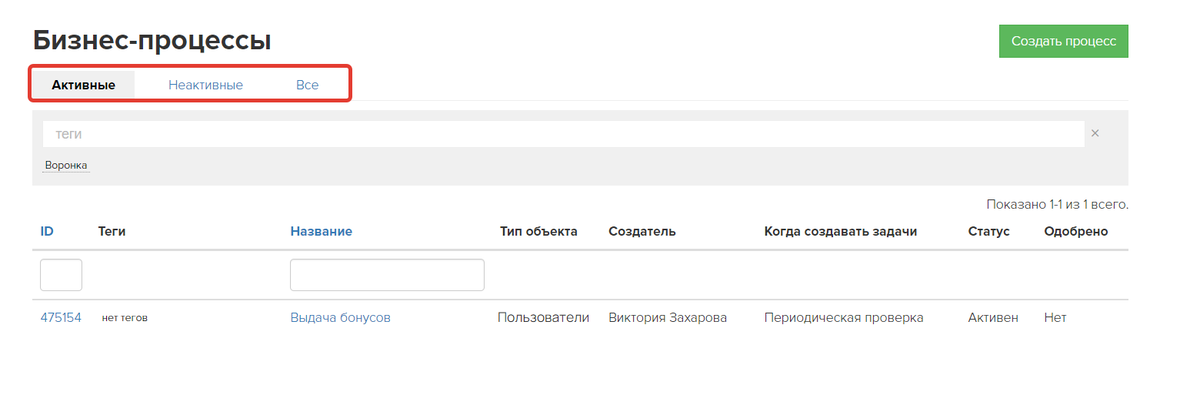 Вкладки процессов