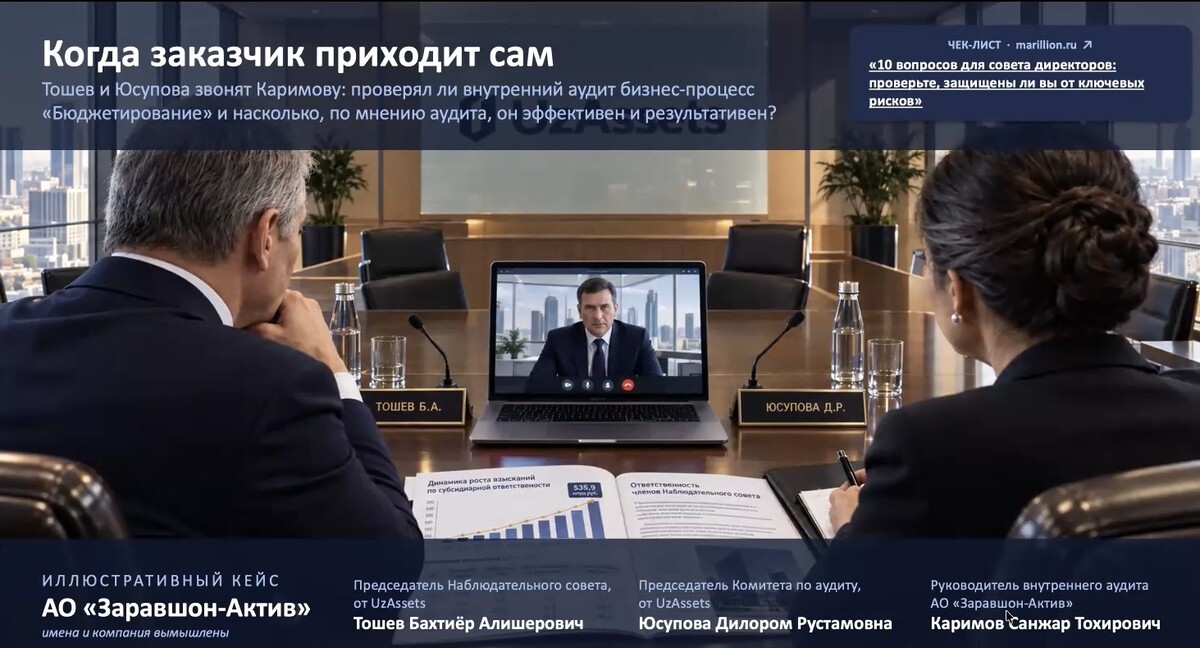 <p>Тот же кейс, адаптированный для Узбекистана: АО «Заравшон-Актив», члены Наблюдательного совета от UzAssets. Имена и компания вымышлены</p>