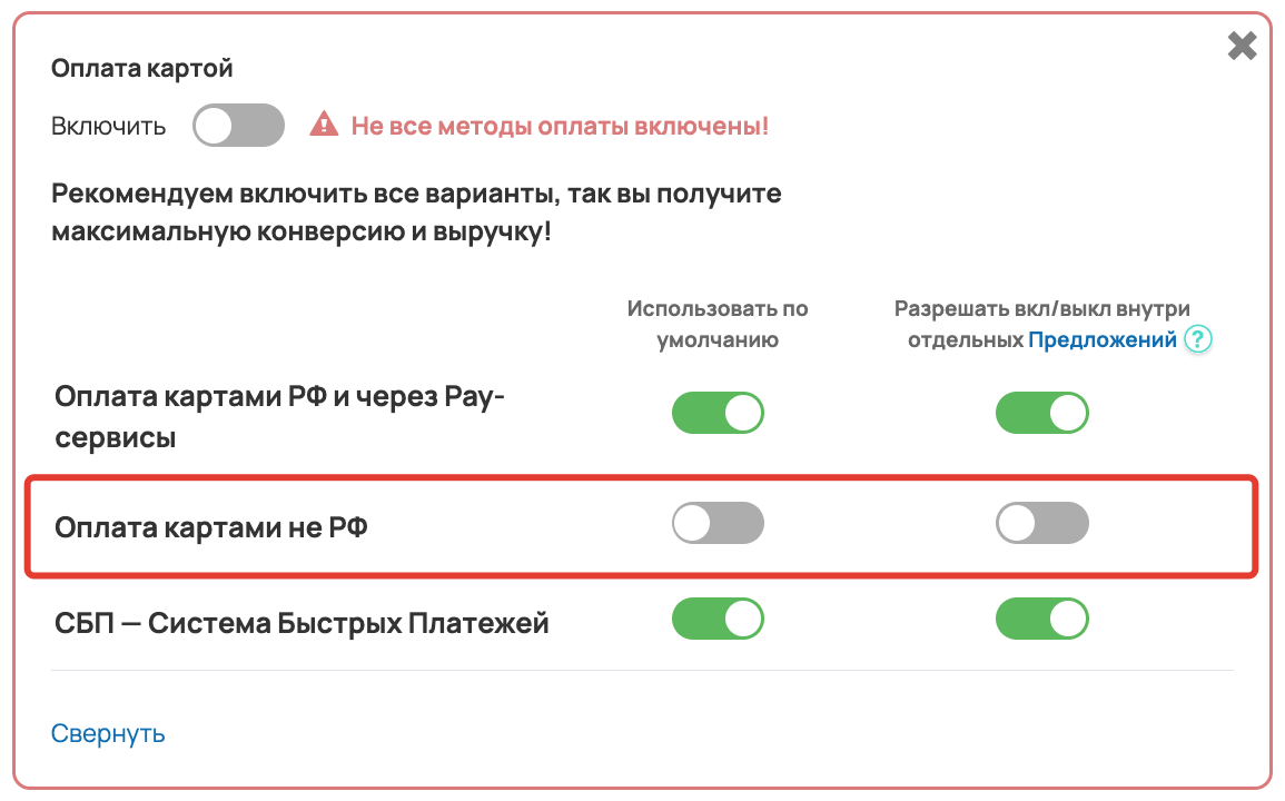 Метод оплаты выключен во всех предложениях