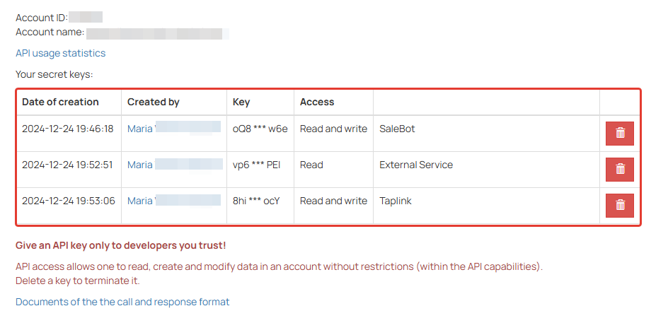 <p>API key storage</p>